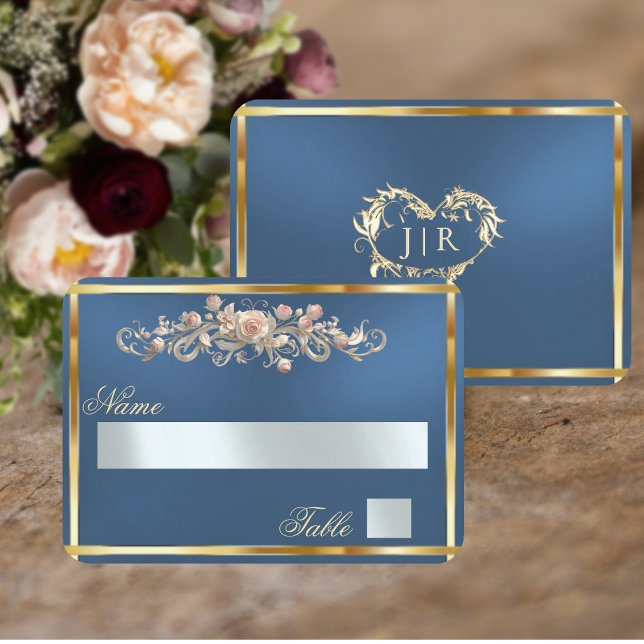 Elegant Rose Scroll & Heart Monogram - Blue Place Card (Creator Uploaded)