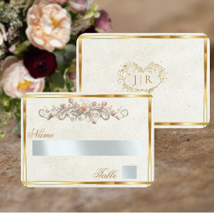 Elegant Rose Scroll & Heart Monogram - Cream Place Card