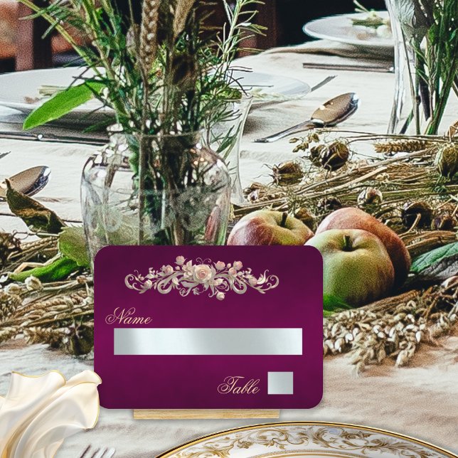 Elegant Rose Scroll & Heart Monogram - Plum Place Card (Creator Uploaded)