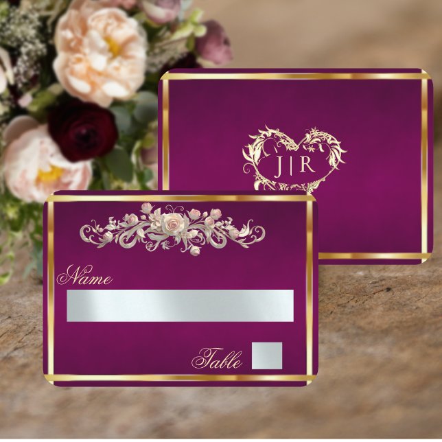 Elegant Rose Scroll & Heart Monogram - Plum Place Card (Creator Uploaded)
