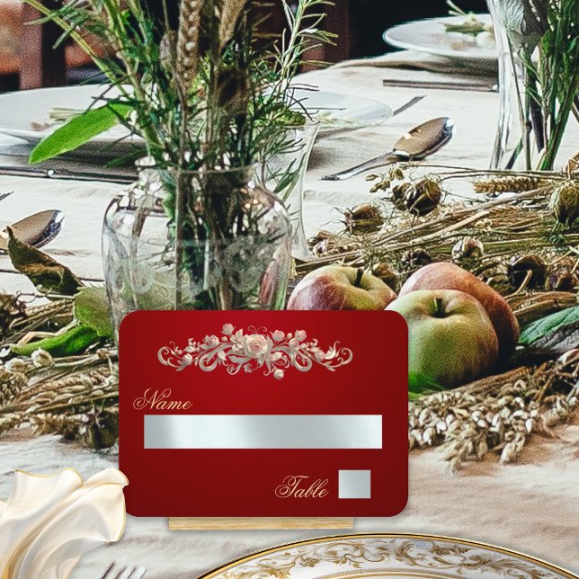 Elegant Rose Scroll & Heart Monogram - Red Place Card (Creator Uploaded)