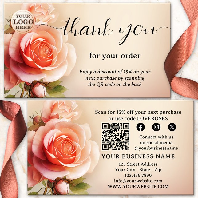 Elegant Rose Thank You For Your Order Business Card (Thank you for your order business card featuring a painting of a beautiful rose - with QR code)