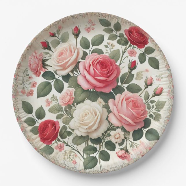 Elegant Rose-Themed Paper Plates (Front)