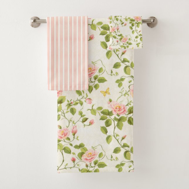 Elegant Rose Vine and Stripe Bath Towel Set (Insitu)
