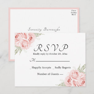 Elegant Rose Watercolor Pink Floral Wedding RSVP Postcard