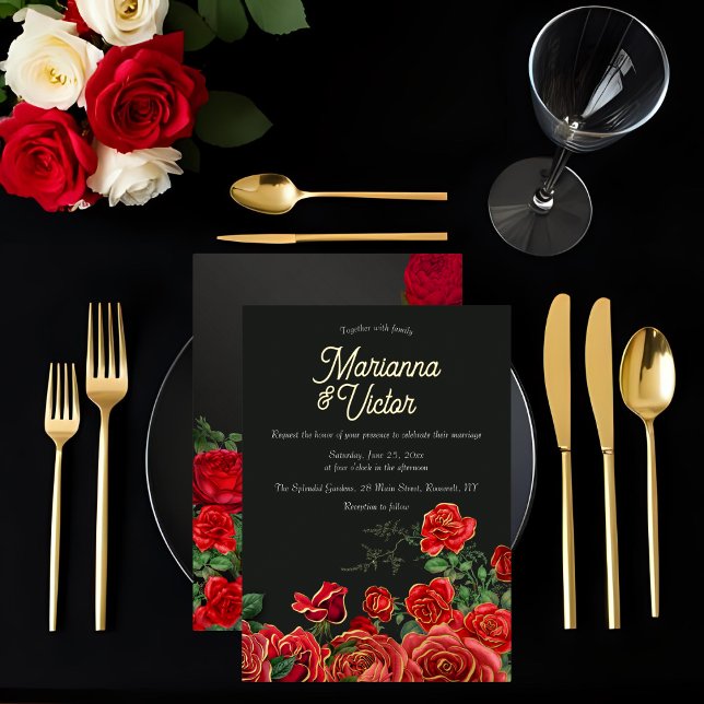 Elegant Rose Wedding Foil Invitation (Elegant Rose Wedding Foil Invitation on a background of a place setting at wedding.)