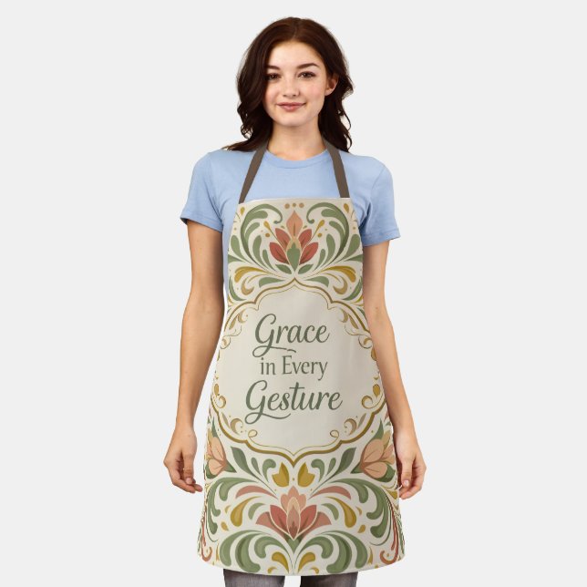 Elegant Rosemaling Floral Pattern with Quote Apron (Worn)