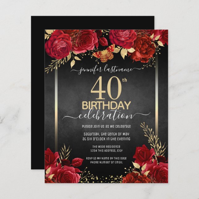 Elegant Roses 40th Birthday Invitation (Front/Back)