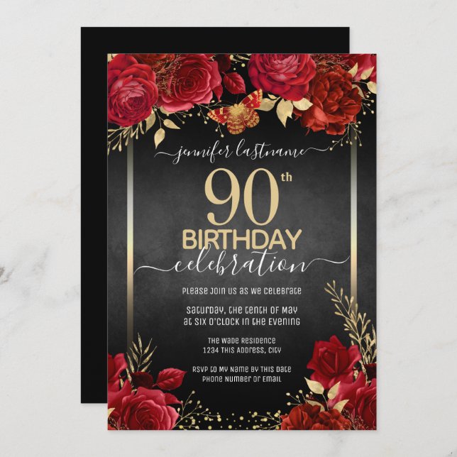 Elegant Roses 90th Birthday Invitation (Front/Back)