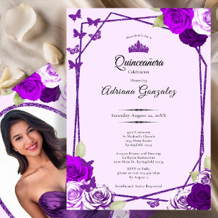 Elegant Roses and Crown Purple Quinceanera  Invitation