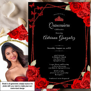 Elegant Roses and Crown Red Quinceanera  Invitation