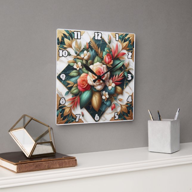 Elegant Roses Arrangement With Leafy Accents Square Wall Clock (Office)