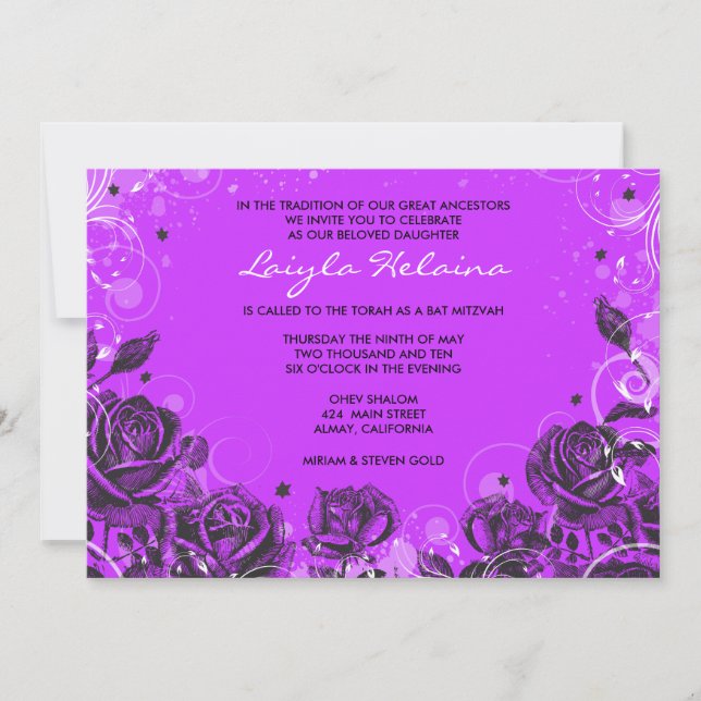 Elegant Roses Bat Mitzvah Invitation Invite (Front)