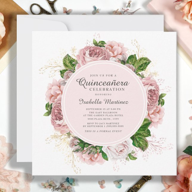 Elegant Roses Blush Pink Floral White Quinceañera Invitation (Elegant pink vintage roses Quinceañera invitation)
