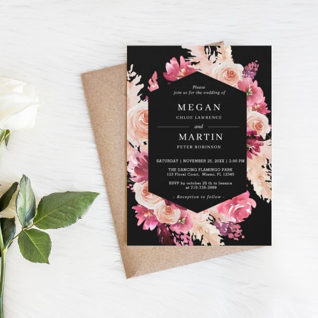 Elegant Roses Boho Wedding Black Invitation (Creator Uploaded)