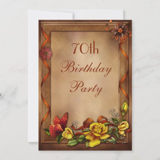 Elegant Roses & Butterfly 70th Birthday Party Invitation (Front)