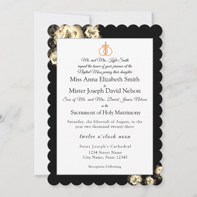Elegant Roses Catholic Wedding Invitation (Front)
