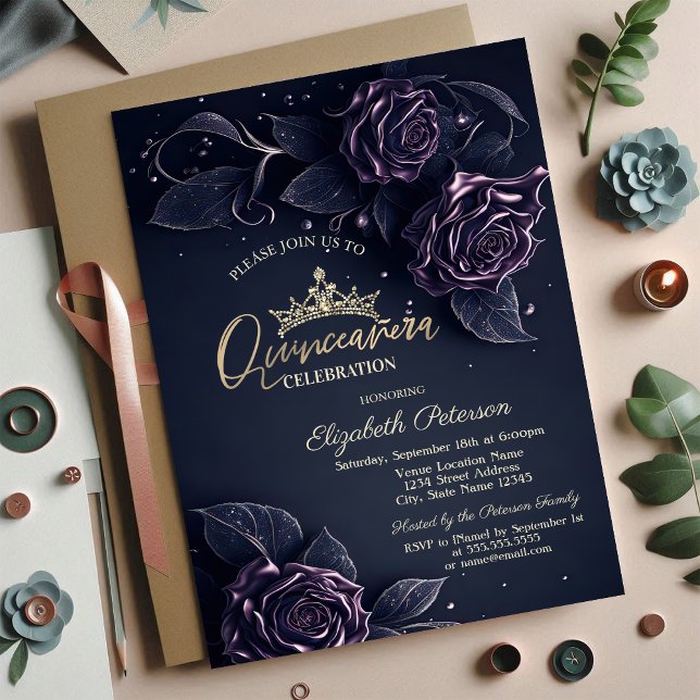 Elegant Roses Dark Gothic Quinceañera Invitation (Creator Uploaded)