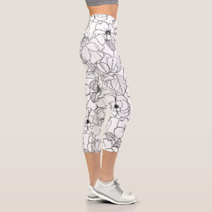 Elegant Roses Floral Black Line art Capri Leggings
