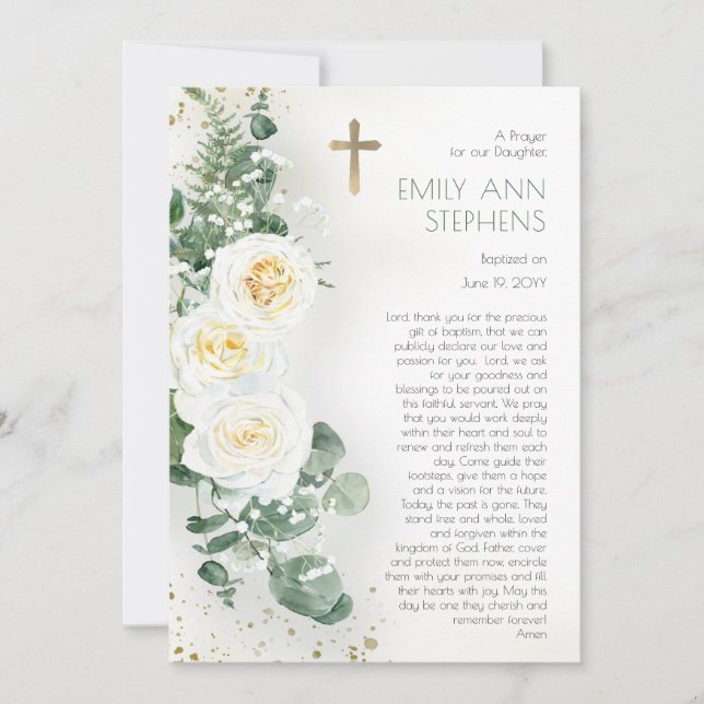 Elegant Roses Floral Girl Baptism Prayer Card (Front)