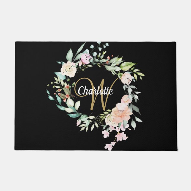Elegant Roses Floral Gold Script Monogram Black Doormat (Front)