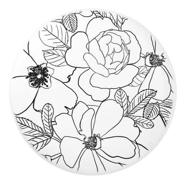 Elegant Roses Floral Line Drawing design Ceramic Knob (Front)