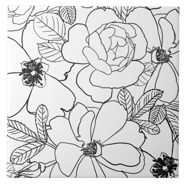 Elegant Roses Floral Line Drawing design Tile (Front)