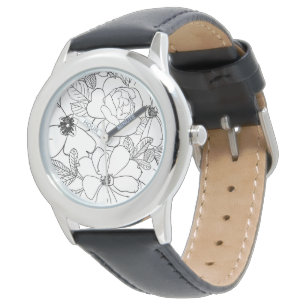 Elegant Roses Floral Line Drawing design Watch