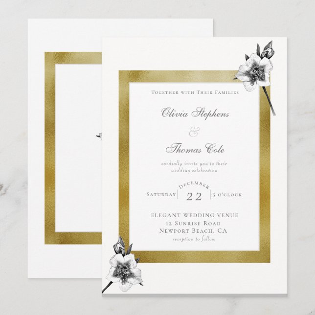 Elegant Roses Gold Frame Script Christmas Wedding Invitation (Front/Back)