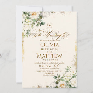 Elegant Roses & Gold Watercolor Floral Wedding Invitation