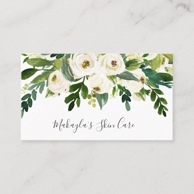 Elegant Roses Greenery Watercolor White Floral Business Card (Front)