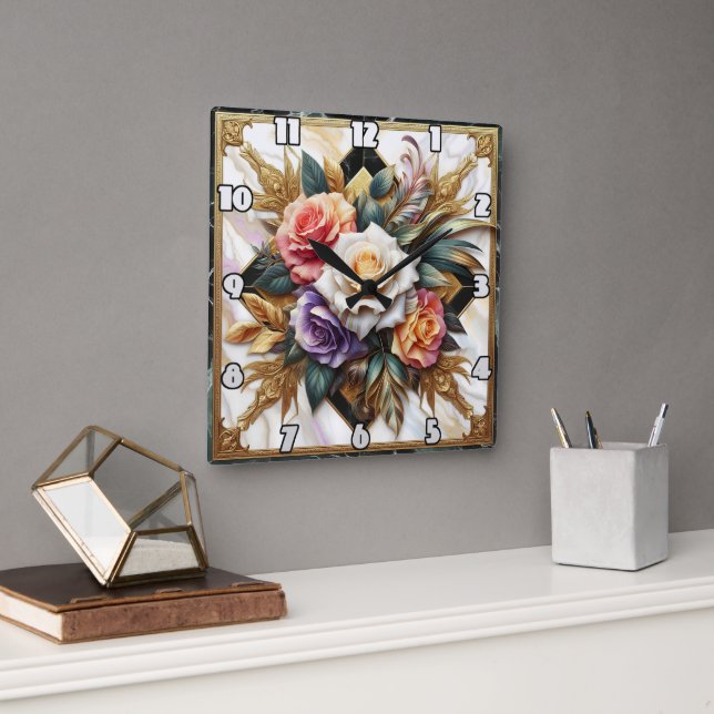 Elegant Roses in Intricate Floral Design Square Wall Clock (Office)
