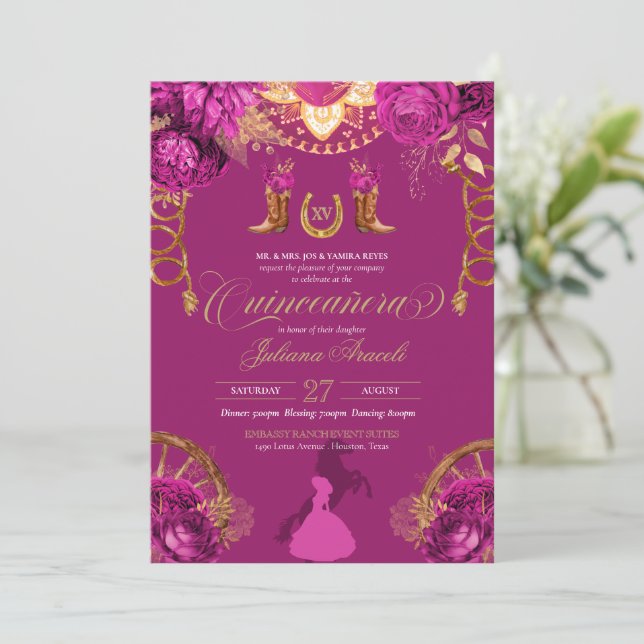 Elegant Roses Magenta Pink Charro Quinceanera Invitation (Standing Front)