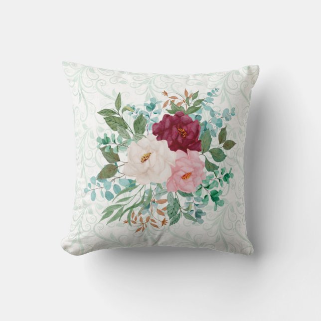 Elegant Roses & Mint Double-Sided Custom Cushion (Front)