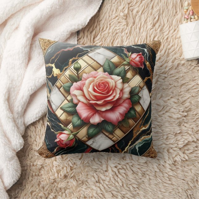 Elegant Roses on Marble and Gold Background Cushion (Blanket)