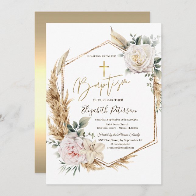 Elegant Roses Pampas Grass Baptism  Invitation (Front/Back)