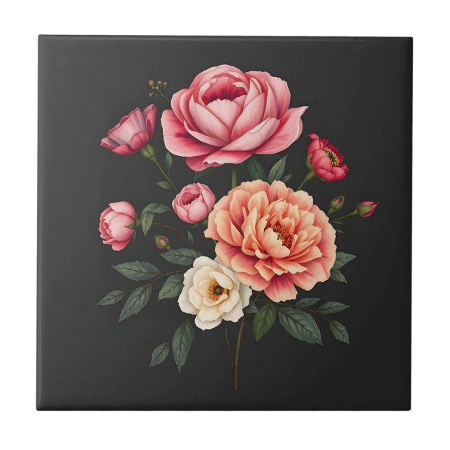  Elegant Roses Peonies and Hydrangeas Flowers Tile (Front)
