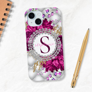 Elegant Roses Pink Burgundy Diamonds Monogram iPhone 15 Case