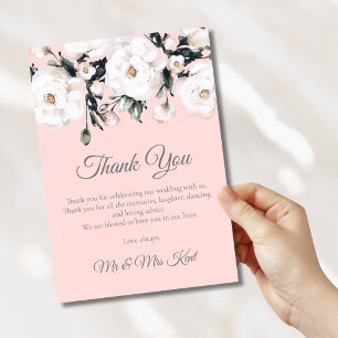Elegant Roses Pink White Floral Wedding Thank You Card