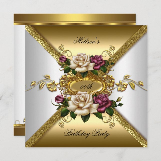 Elegant Roses Pink White Gold Birthday Party 2 Invitation (Front/Back)