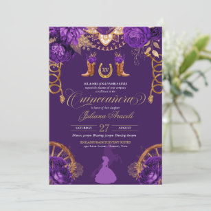 Elegant Roses Purple & Gold Charro Quinceanera Invitation