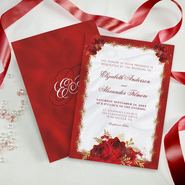 Elegant Roses Red Gold Floral Wedding Invitation (Creator Uploaded)