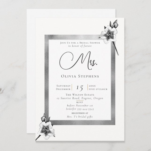 Elegant Roses Silver Christmas Future Mrs. Shower Invitation (Front/Back)
