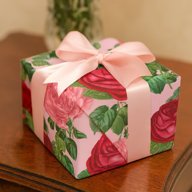 Elegant Roses Vintage Floral  Wrapping Paper (vintage pink and red roses on pastel pink background . Beautiful wrapping paper..)