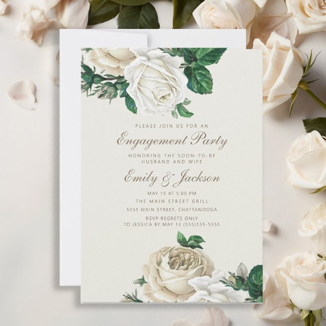 Elegant Roses White Floral Cream Engagement Invitation (Elegant vintage roses and greenery engagement party invitation)