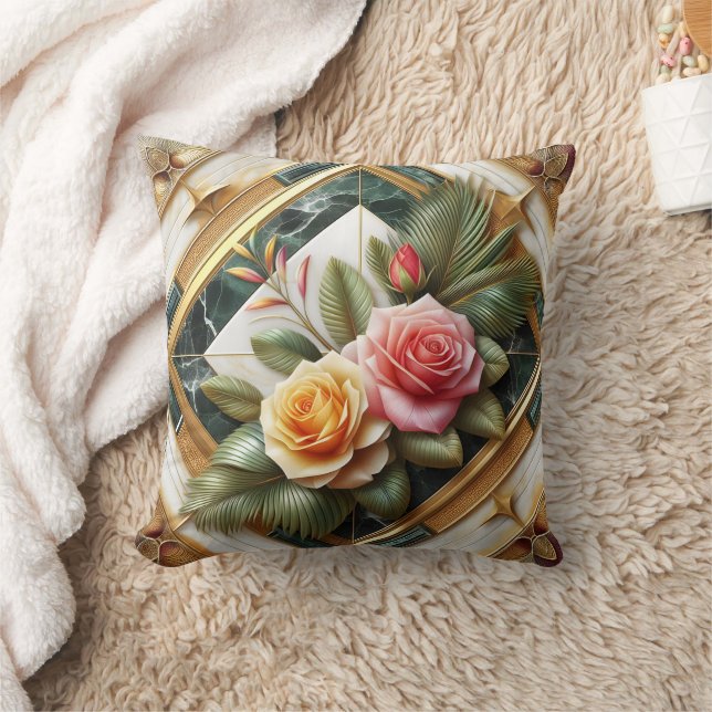 Elegant Roses With Decorative Leaves on Marble Cushion (Blanket)