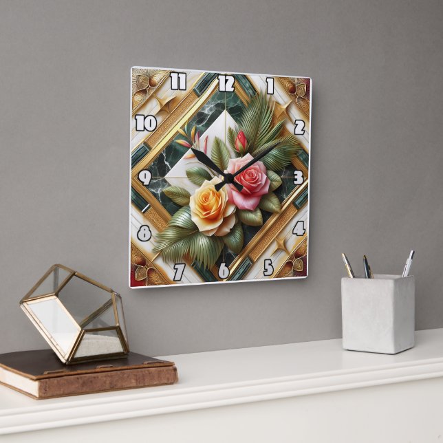 Elegant Roses With Decorative Leaves on Marble Square Wall Clock (Office)