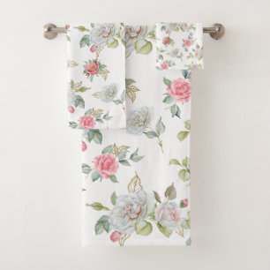 Elegant Roses with Gold Engraved Leaves Bath Towel Set