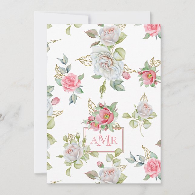 Elegant Roses with Gold Engraved Leaves | Monogram Card (Front)