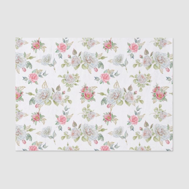 Elegant Roses with Gold Engraved Leaves Tissue Paper (Front)